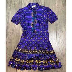 Vintage Purple Floral Print Button Up Short Sleeve Midi‎ Dress Small